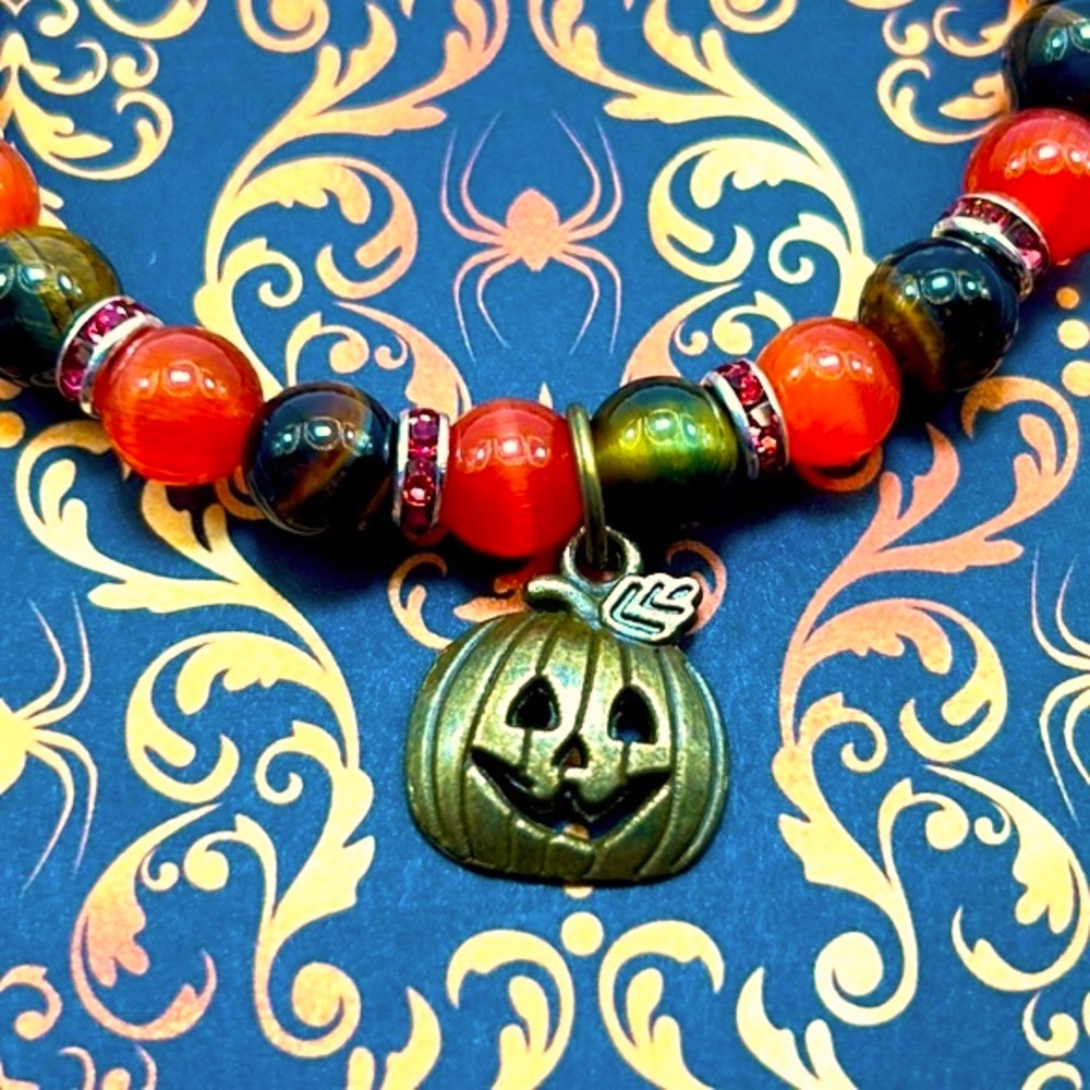 Handmade Halloween Pumpkin Charm Bracelet with Natural Tiger Eye Stones!